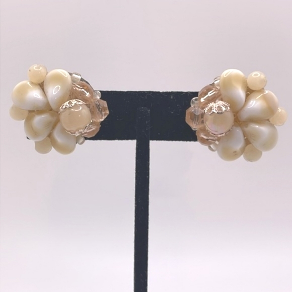Western Germany Signed Vintage Baby Tooth Bead Style Cluster Clip-on Earrings - Picture 1 of 12